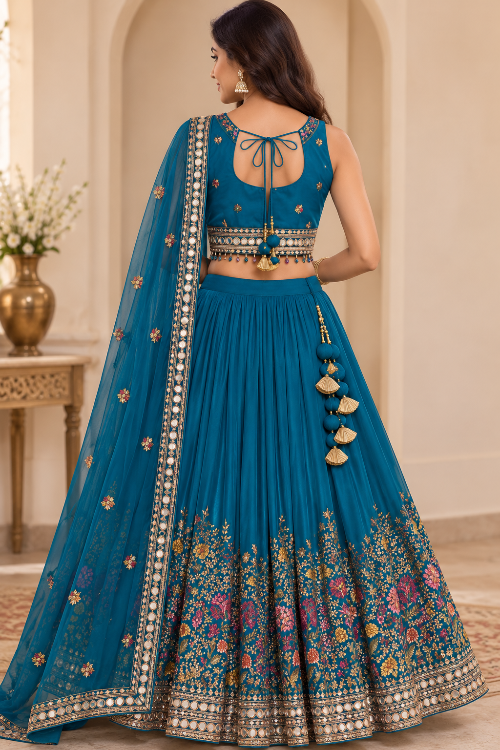 Teal Floral Embroidered Mirror Work Lehenga Set