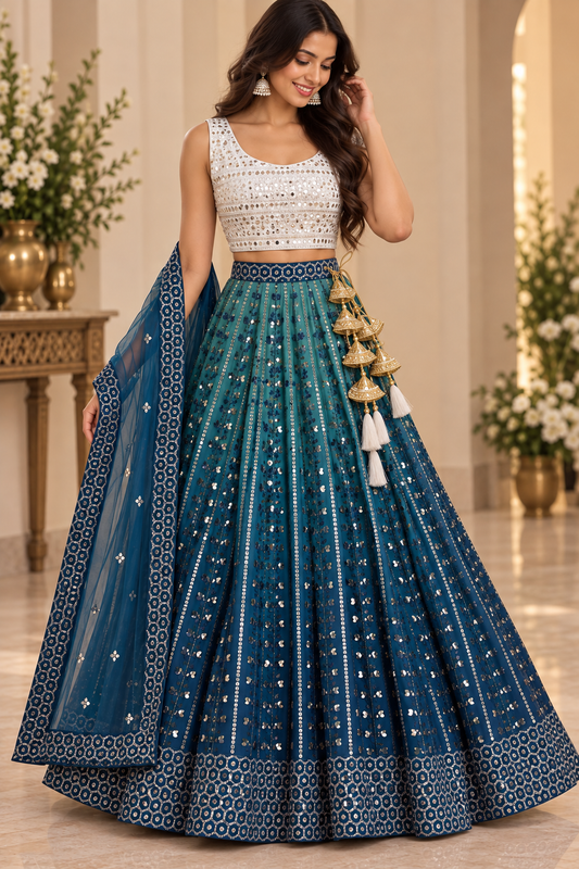 Teal & Blue Mirror Work Lehenga Set