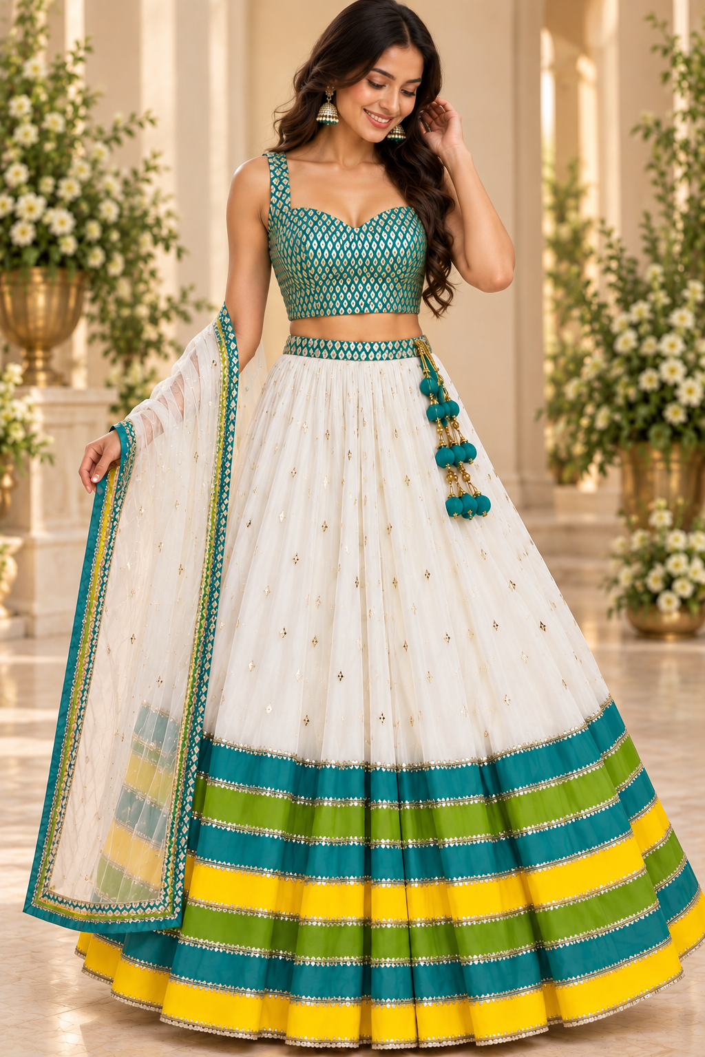 Teal & Ivory Embroidered Lehenga Set with Multicolor Border
