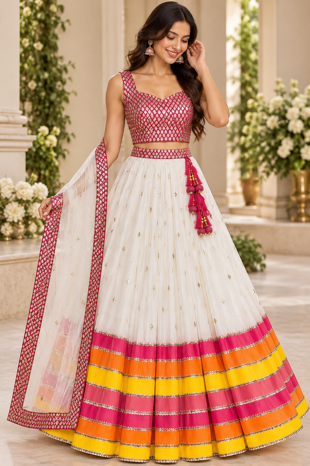 Magenta & Ivory Lehenga Set with Multicolor Border
