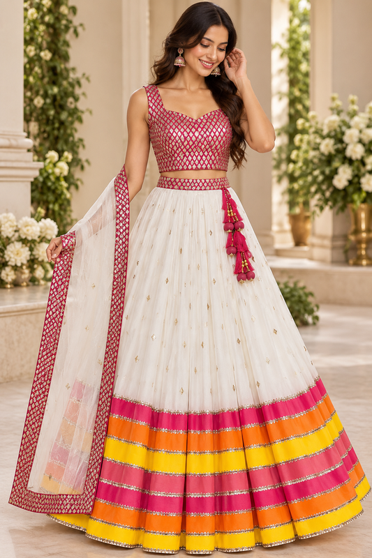 Magenta & Ivory Lehenga Set with Multicolor Border