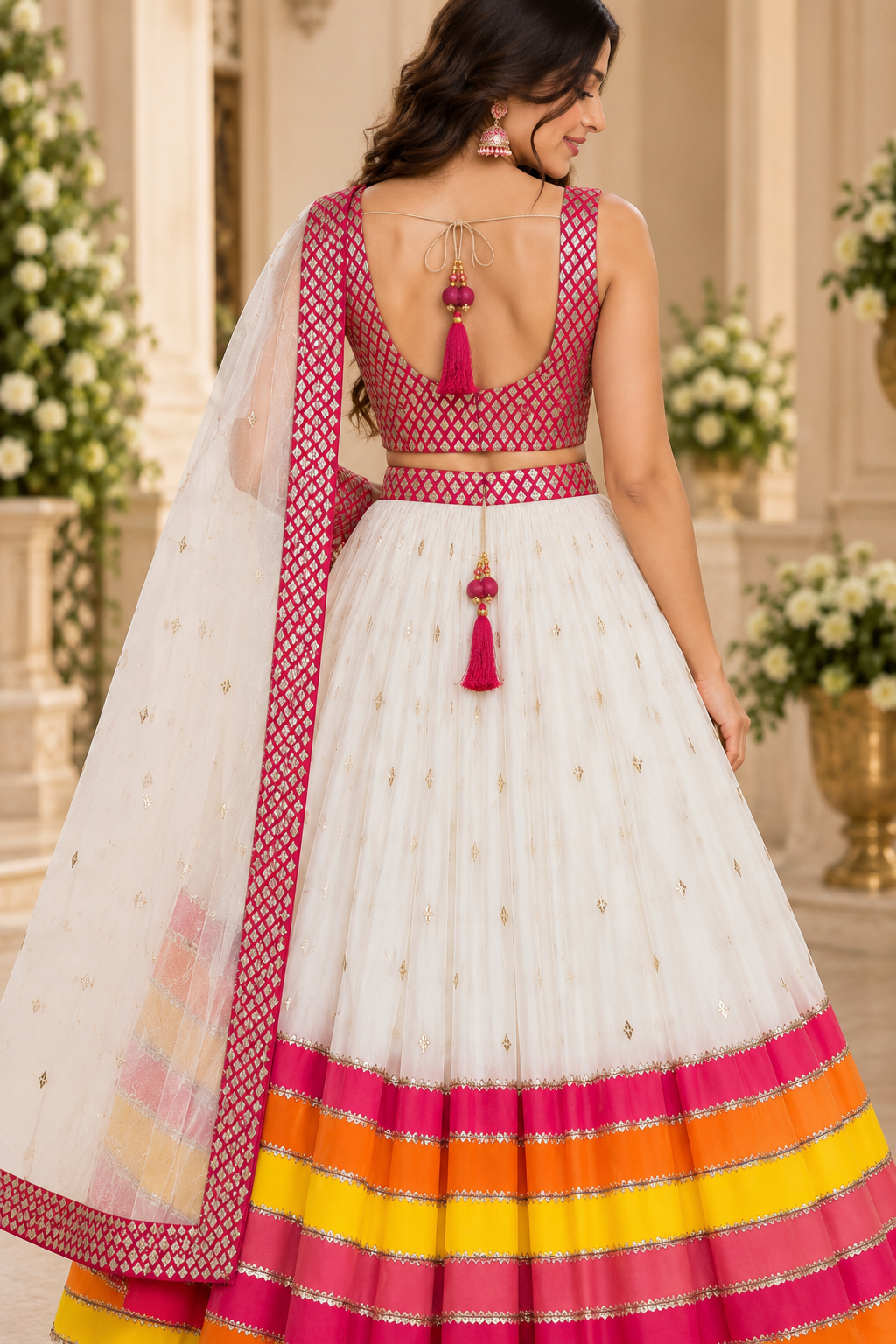 Magenta & Ivory Lehenga Set with Multicolor Border