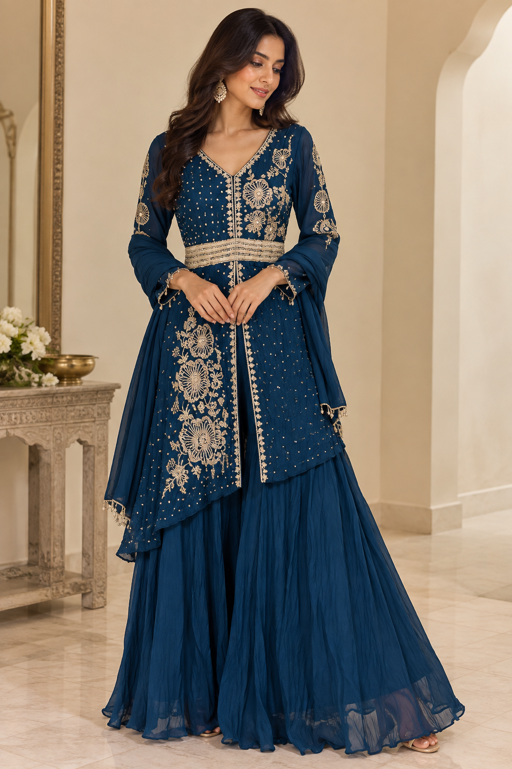 Rust and navy blue asymmetrical embroidered sharara set with floral gold embroidery and necklace-style dupatta