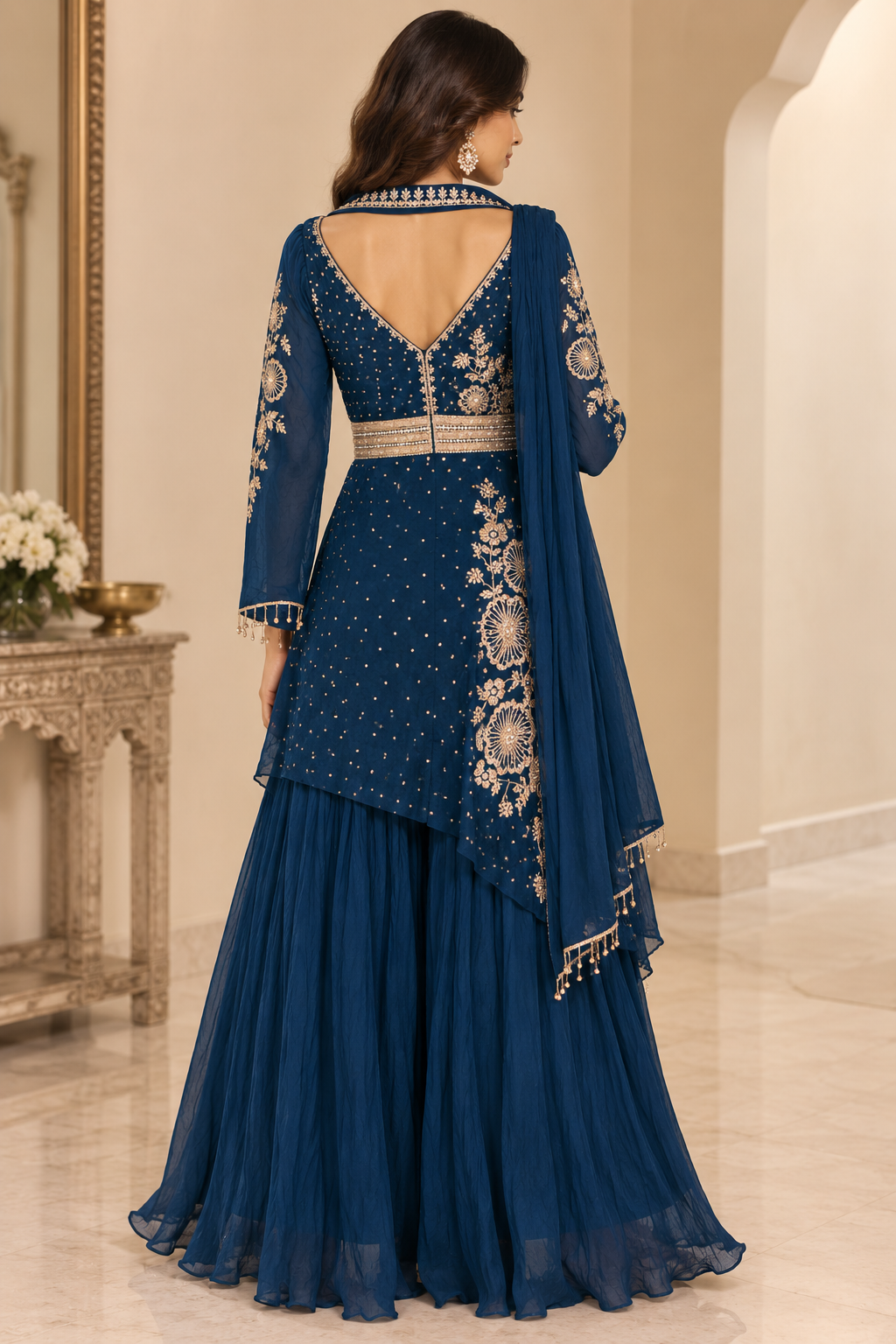 Asymmetrical Embroidered Sharara Set with Necklace Dupatta