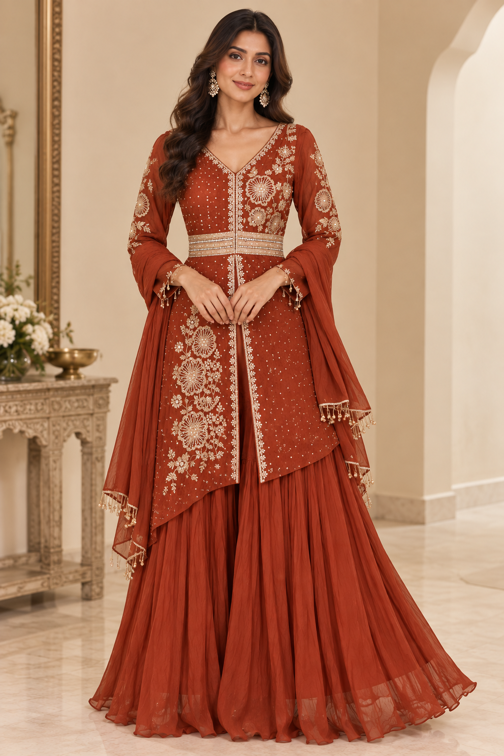 Rust and navy blue asymmetrical embroidered sharara set with floral gold embroidery and necklace-style dupatta