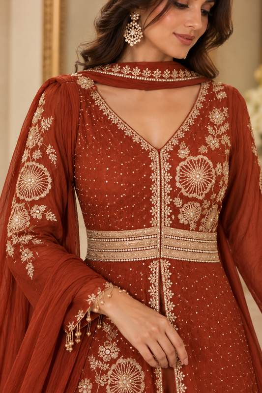 Asymmetrical Embroidered Sharara Set with Necklace Dupatta