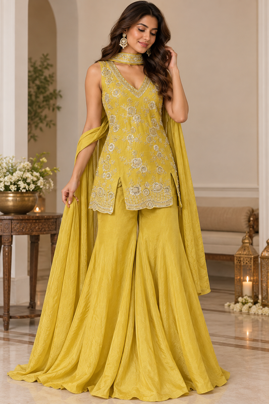 Mustard Yellow Embroidered Sharara Set with Dupatta