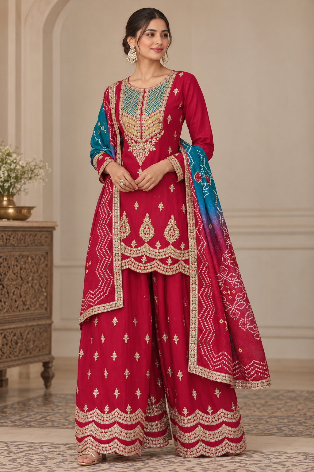 Embroidered Red Sharara Suit with Teal Printed Dupatta