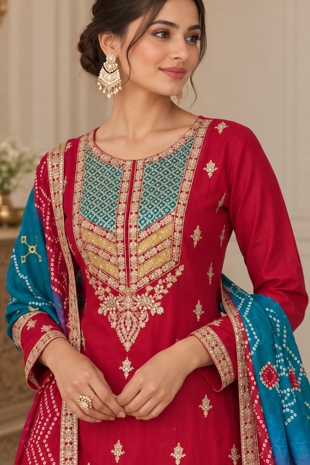 Embroidered Red Sharara Suit with Teal Printed Dupatta