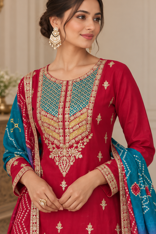 Embroidered Red Sharara Suit with Teal Printed Dupatta