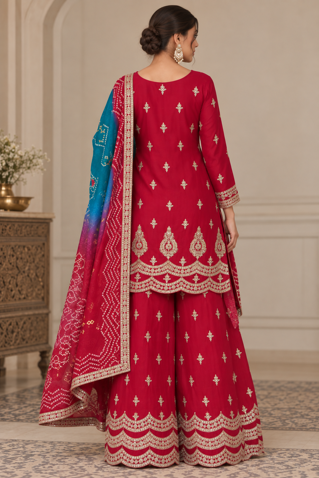 Embroidered Red Sharara Suit with Teal Printed Dupatta