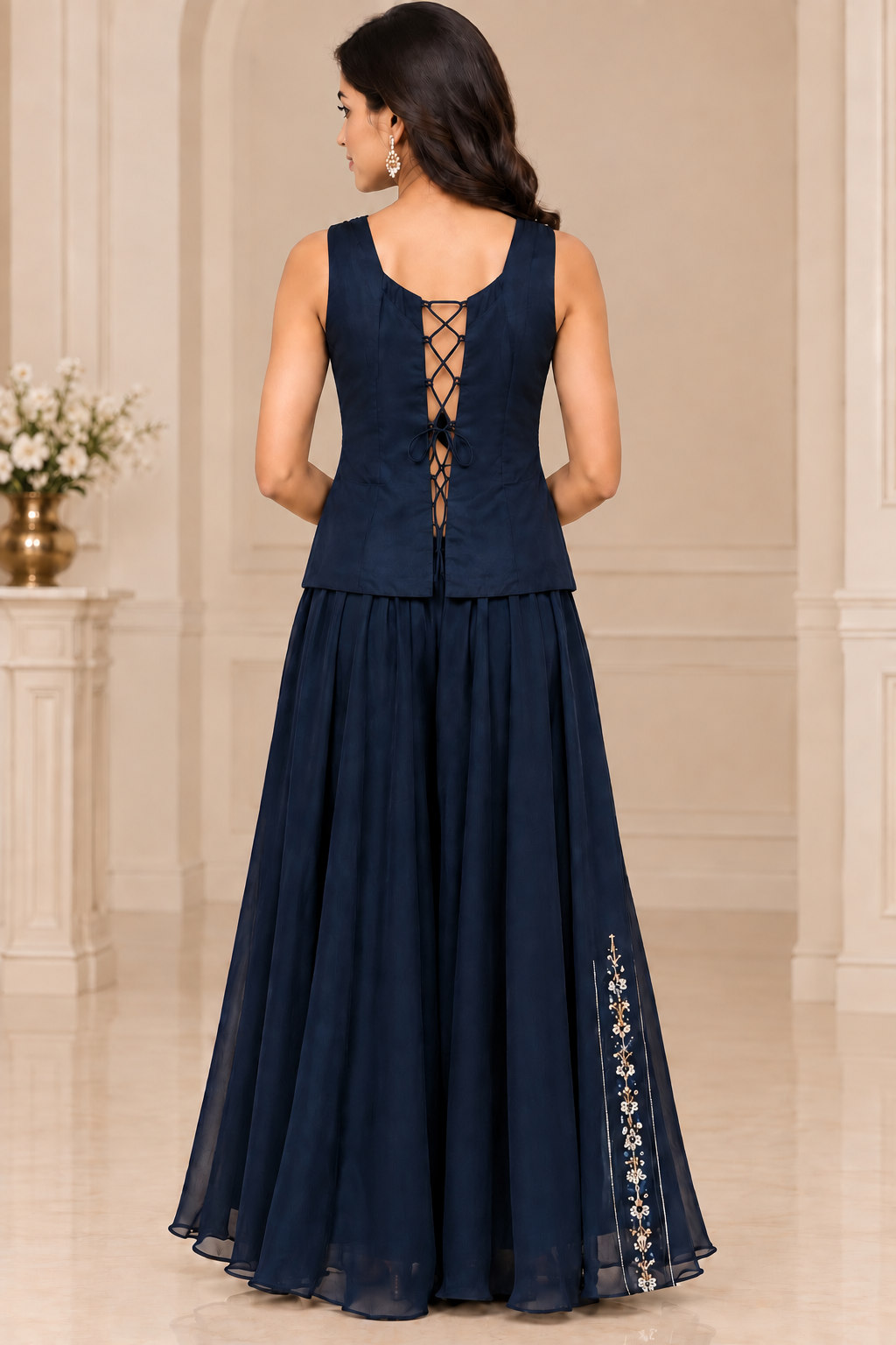 Navy Blue Embroidered Sharara Set with Adjustable Lace-Up Back