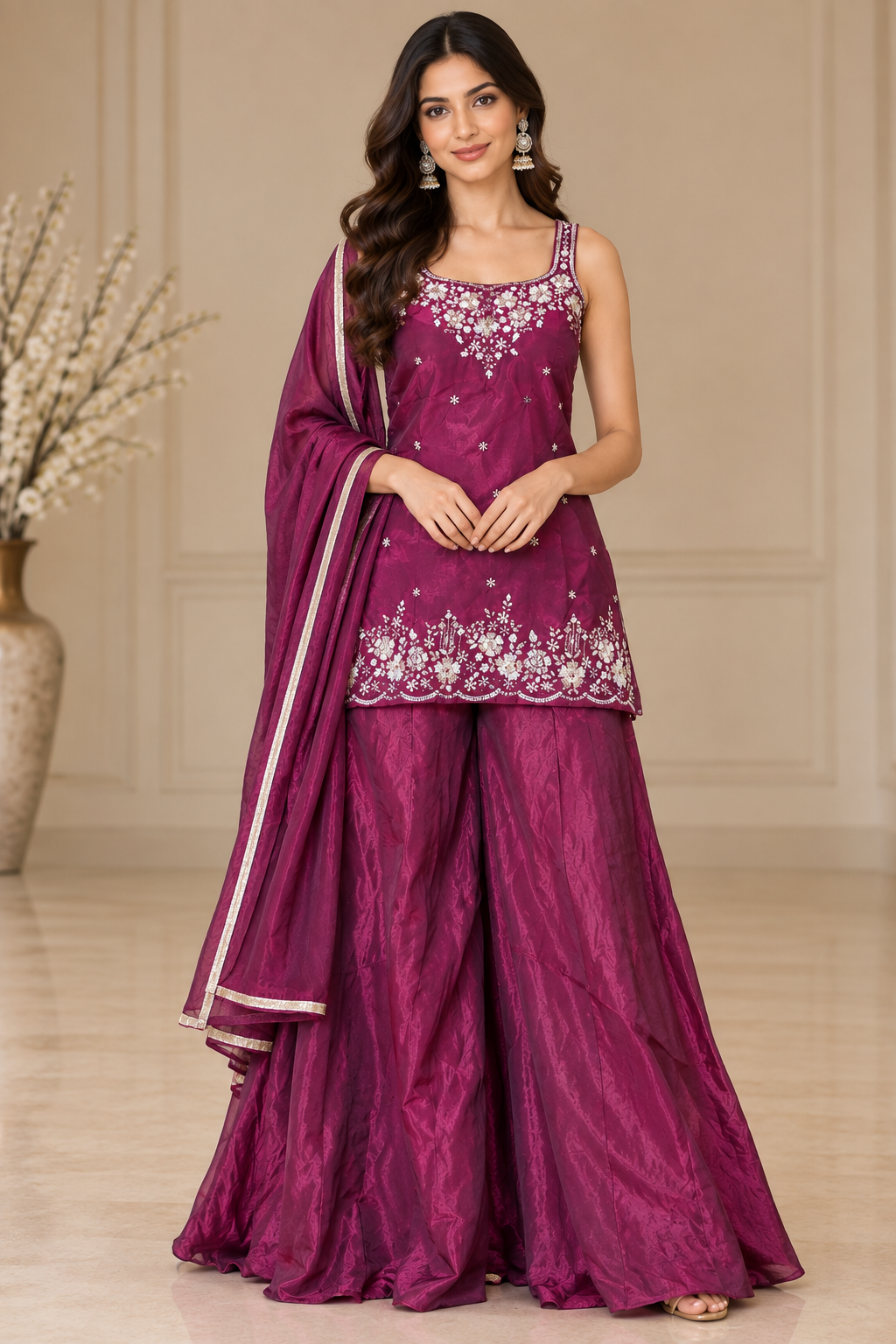 Wine Magenta Embroidered Sharara Set with Tie-Back Top & Dupatta