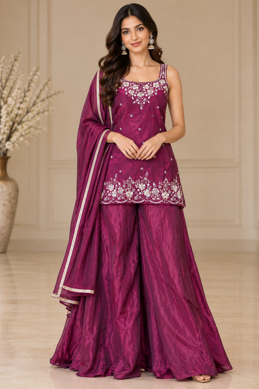 Wine Magenta Embroidered Sharara Set with Tie-Back Top & Dupatta