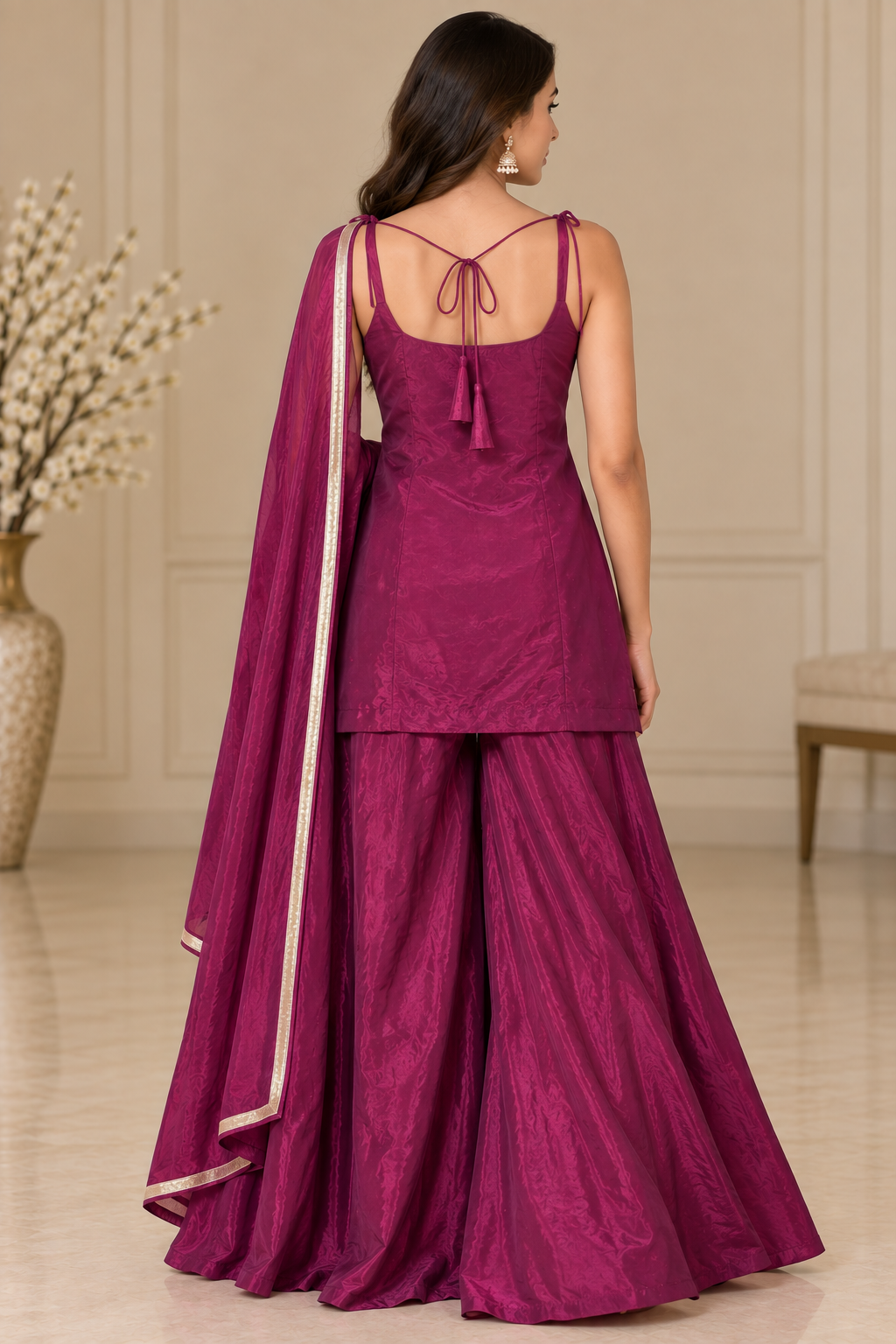 Wine Magenta Embroidered Sharara Set with Tie-Back Top & Dupatta