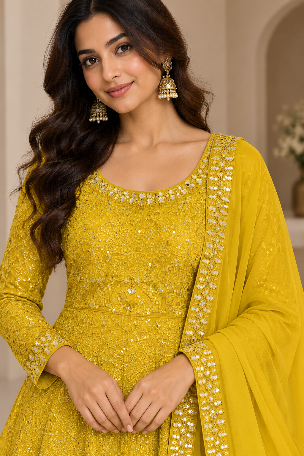 Mustard Yellow Embroidered Anarkali Suit with Mirror Work & Dupatta