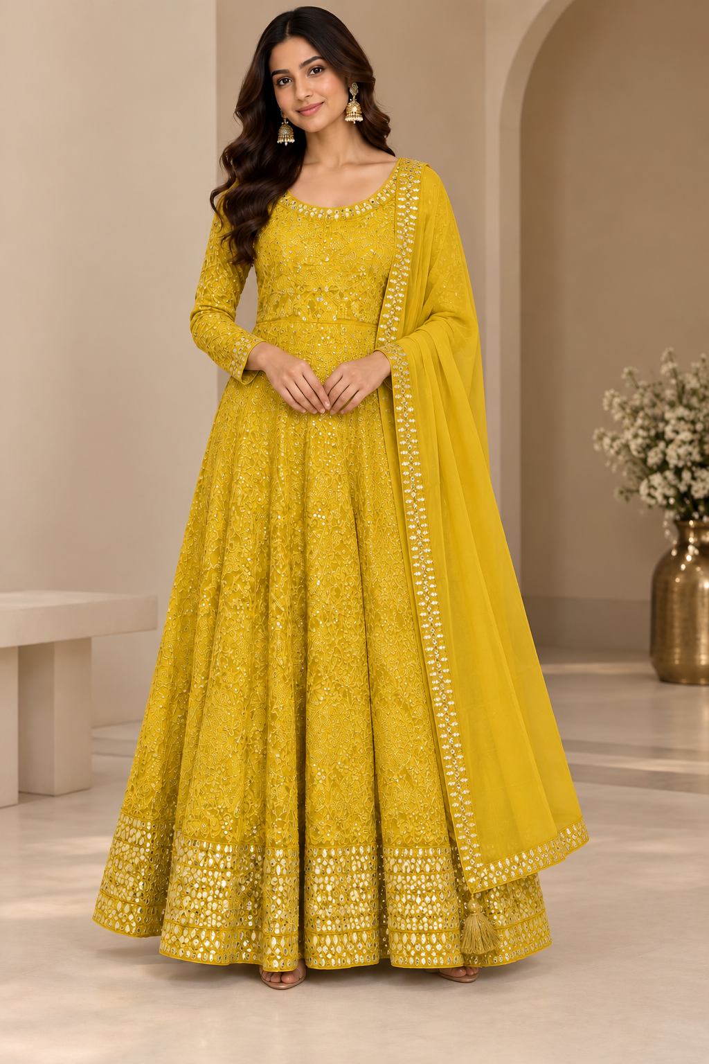 Mustard Yellow Embroidered Anarkali Suit with Mirror Work & Dupatta
