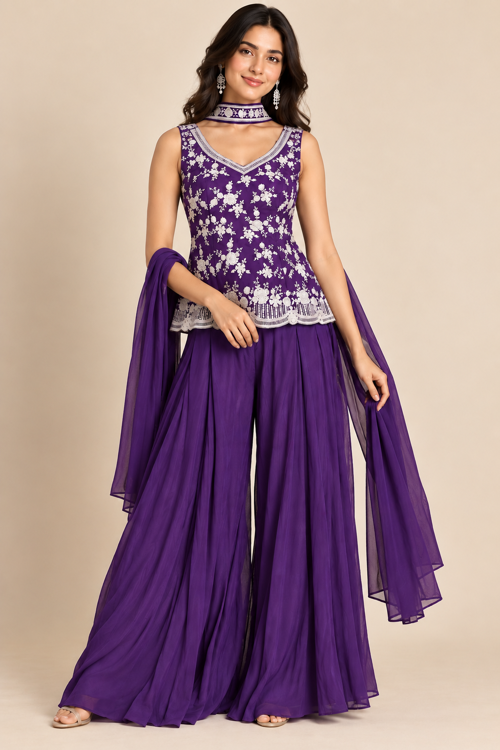 Purple Floral Embroidered Sharara Set with Dupatta