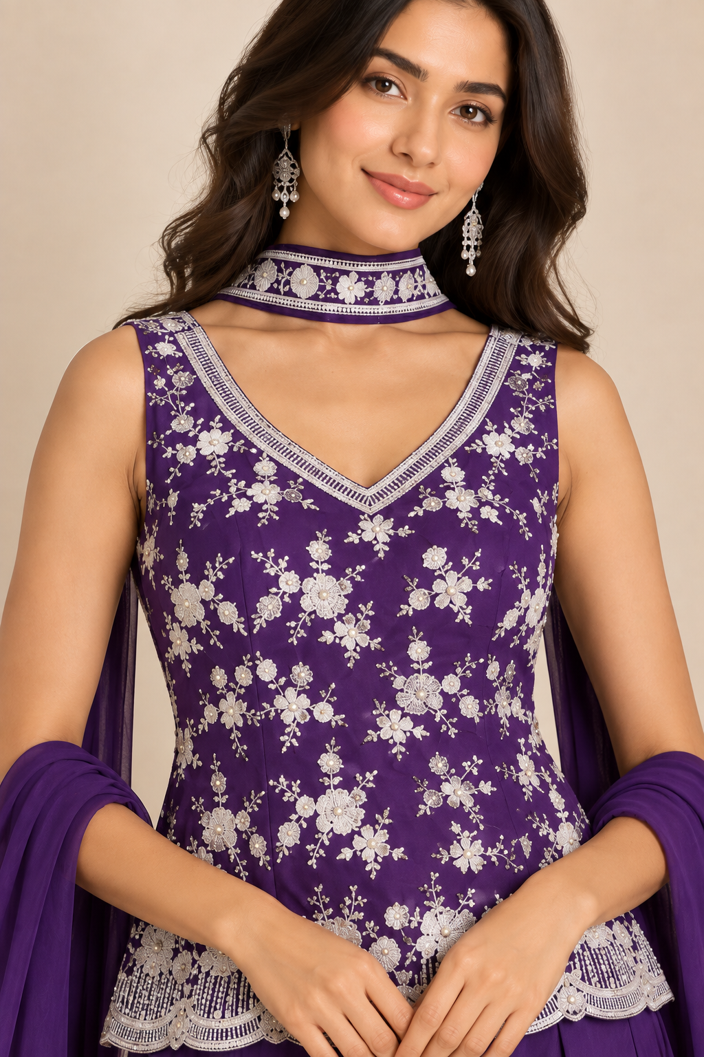 Purple Floral Embroidered Sharara Set with Dupatta
