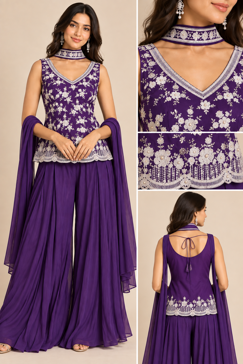 Purple Floral Embroidered Sharara Set with Dupatta