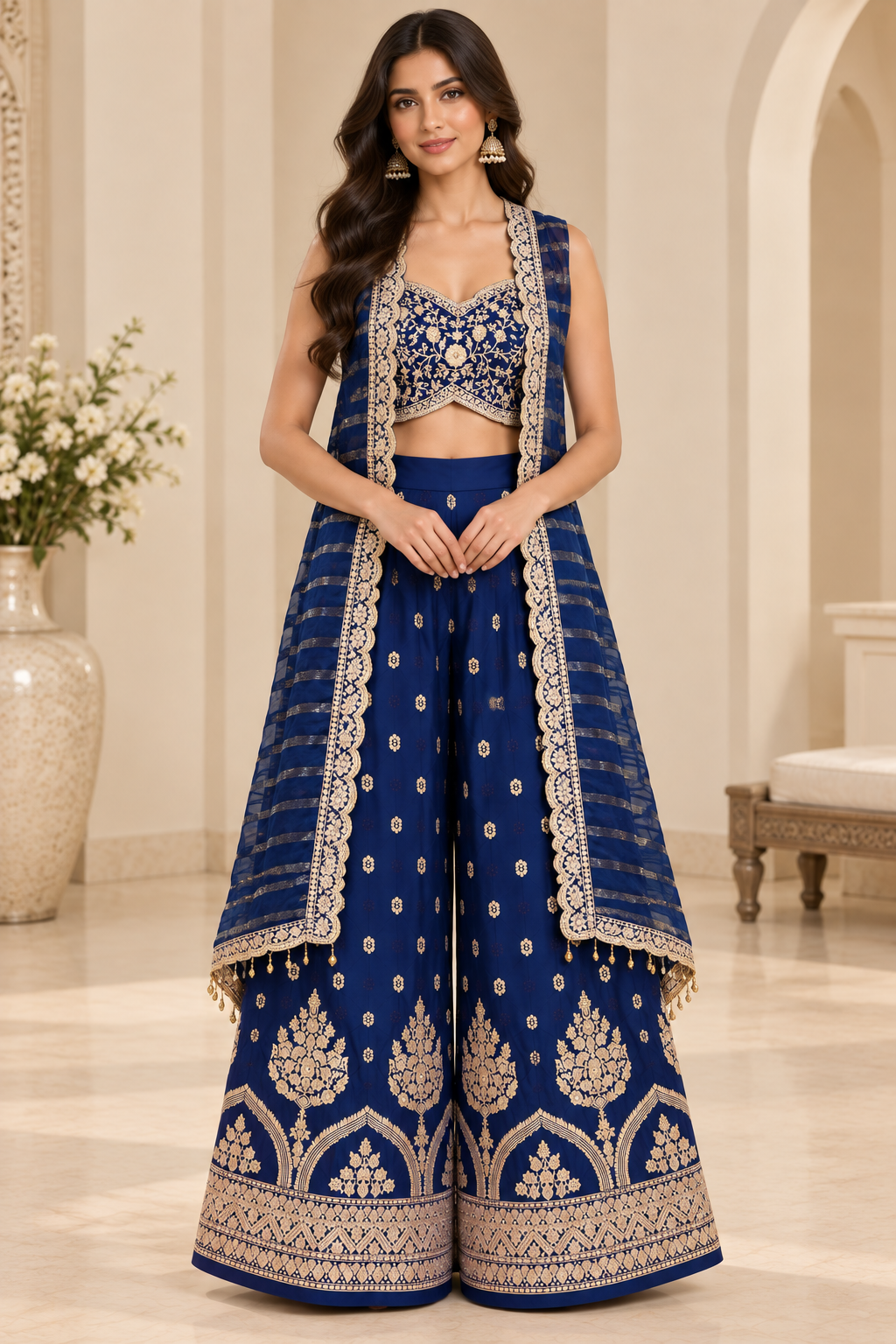 Royal Embroidered Palazzo Set with Sleeveless Jacket (Two Colors)