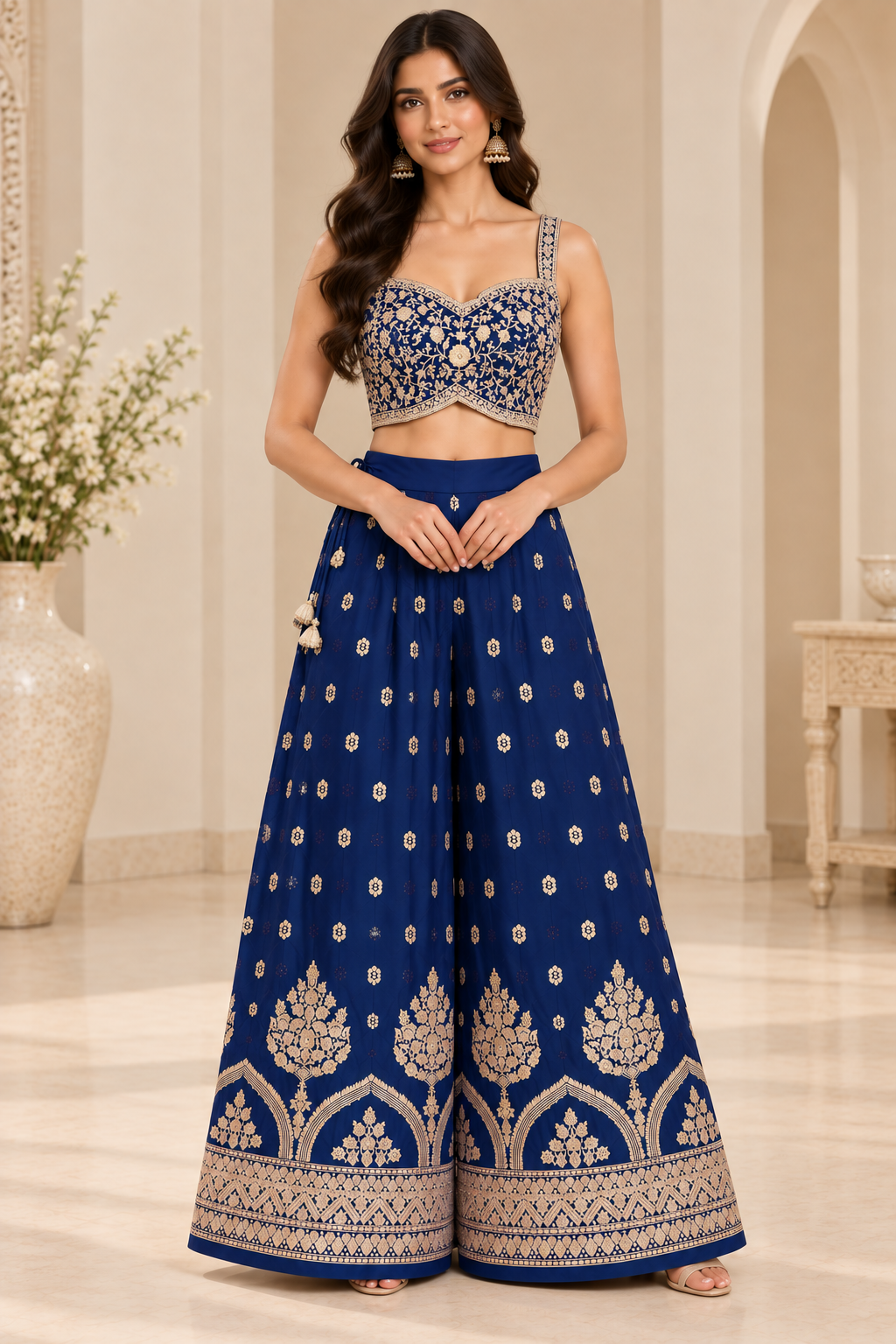 Royal Embroidered Palazzo Set with Sleeveless Jacket (Two Colors)