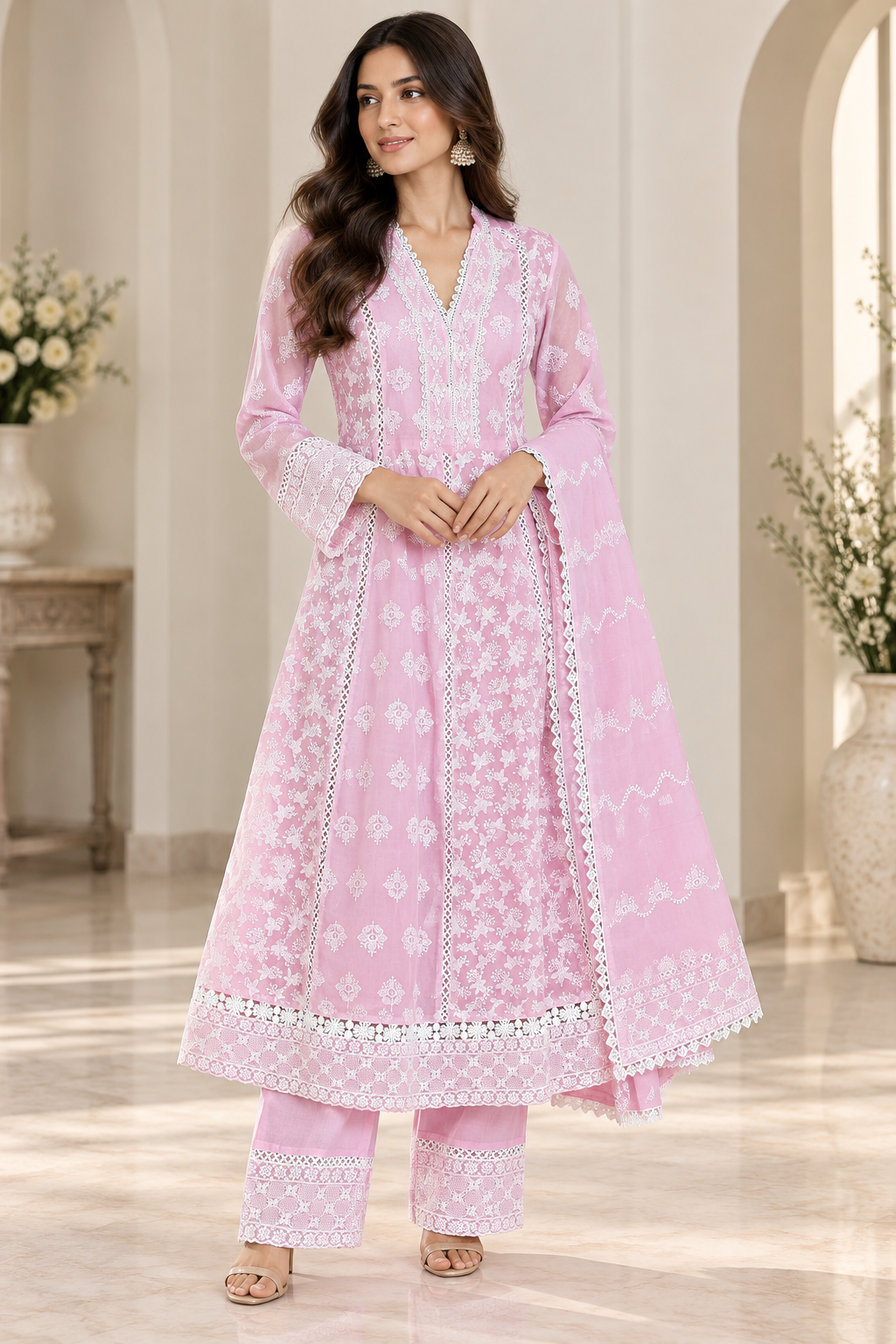 Pastel Pink Embroidered Kurta Pant Set with Dupatta