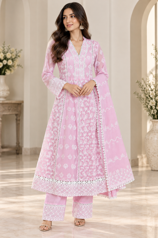 Pastel Pink Embroidered Kurta Pant Set with Dupatta