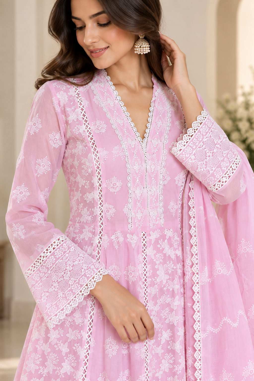 Pastel Pink Embroidered Kurta Pant Set with Dupatta