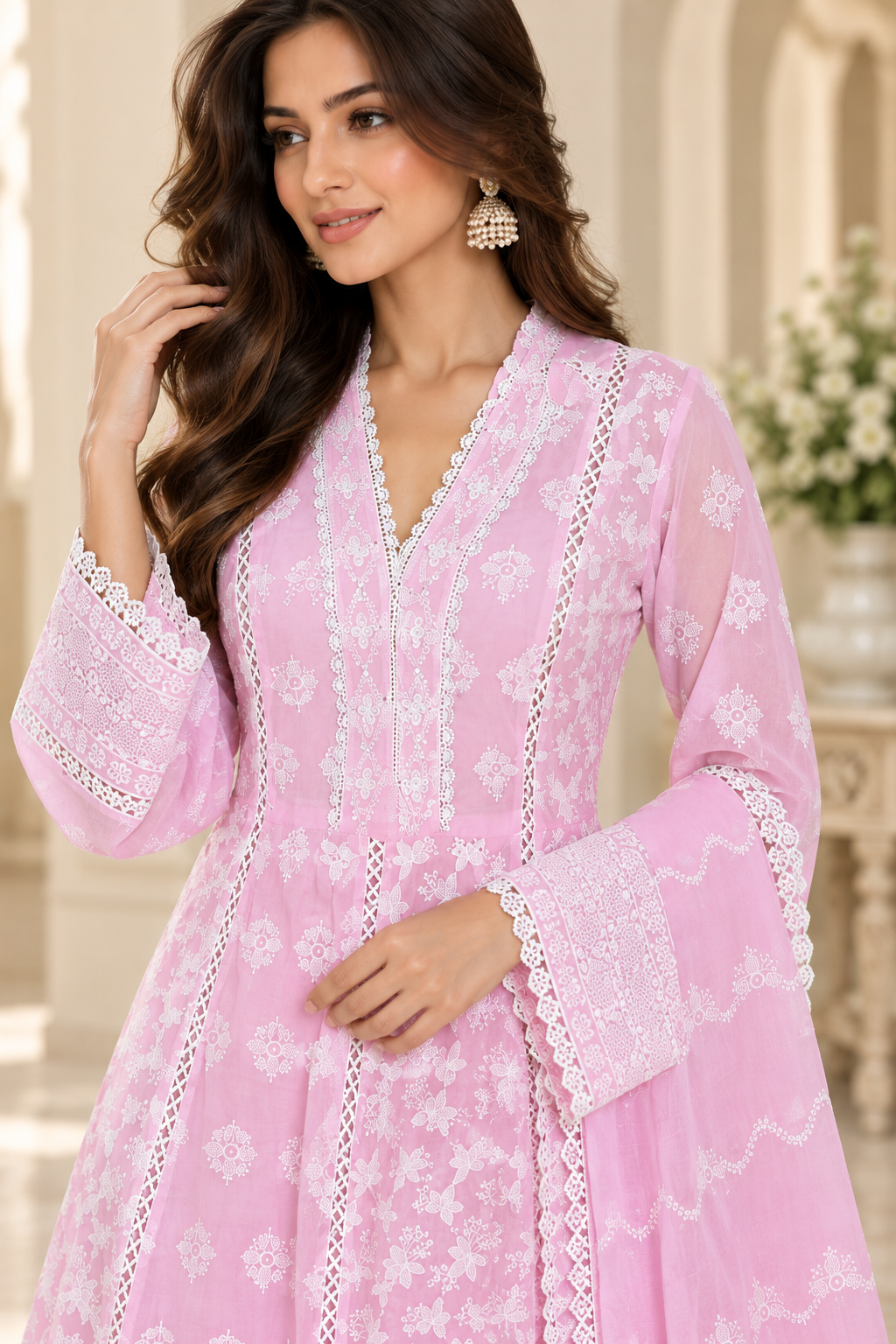 Pastel Pink Embroidered Kurta Pant Set with Dupatta