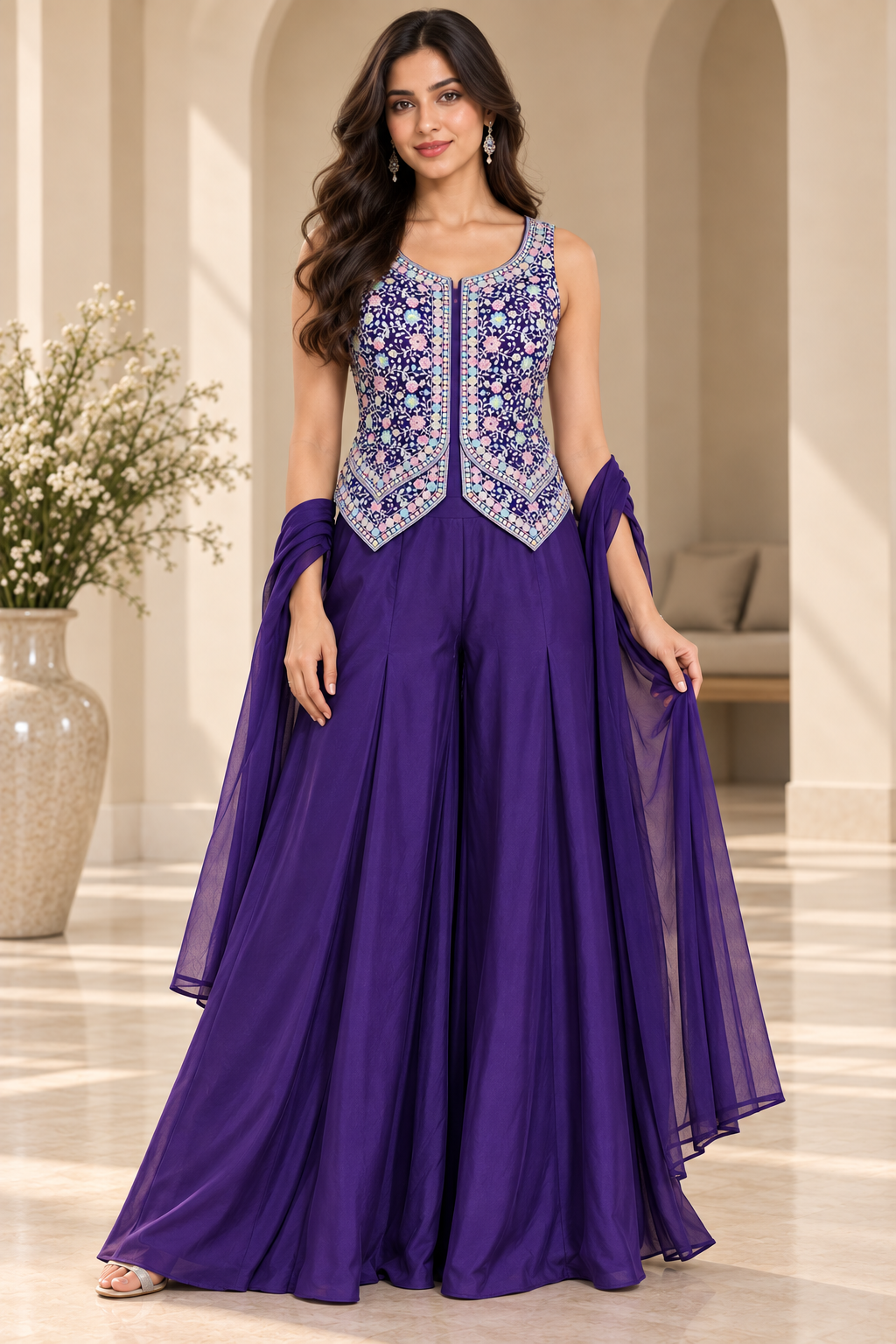 Royal Purple Embroidered Palazzo Set with Sleeveless Jacket & Dupatta