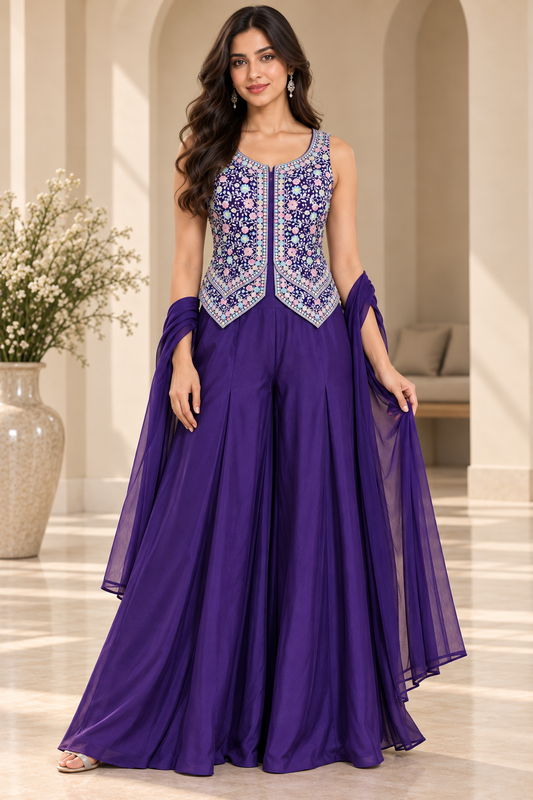 Royal Purple Embroidered Palazzo Set with Sleeveless Jacket & Dupatta