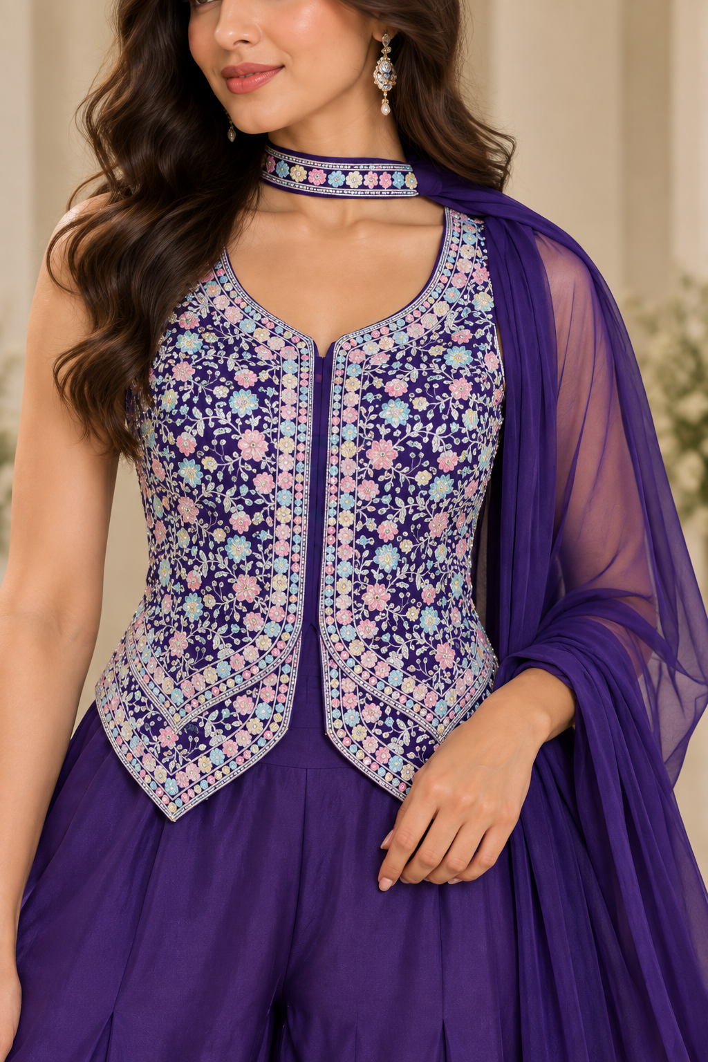 Royal Purple Embroidered Palazzo Set with Sleeveless Jacket & Dupatta