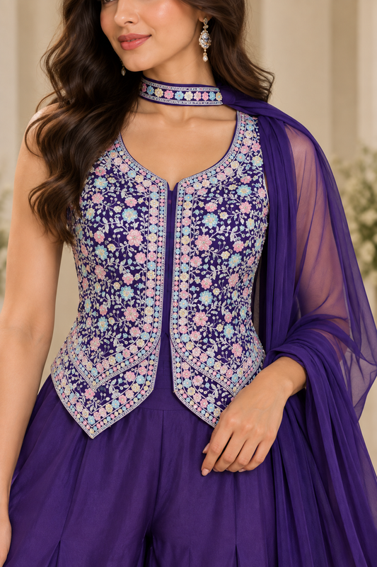 Royal Purple Embroidered Palazzo Set with Sleeveless Jacket & Dupatta