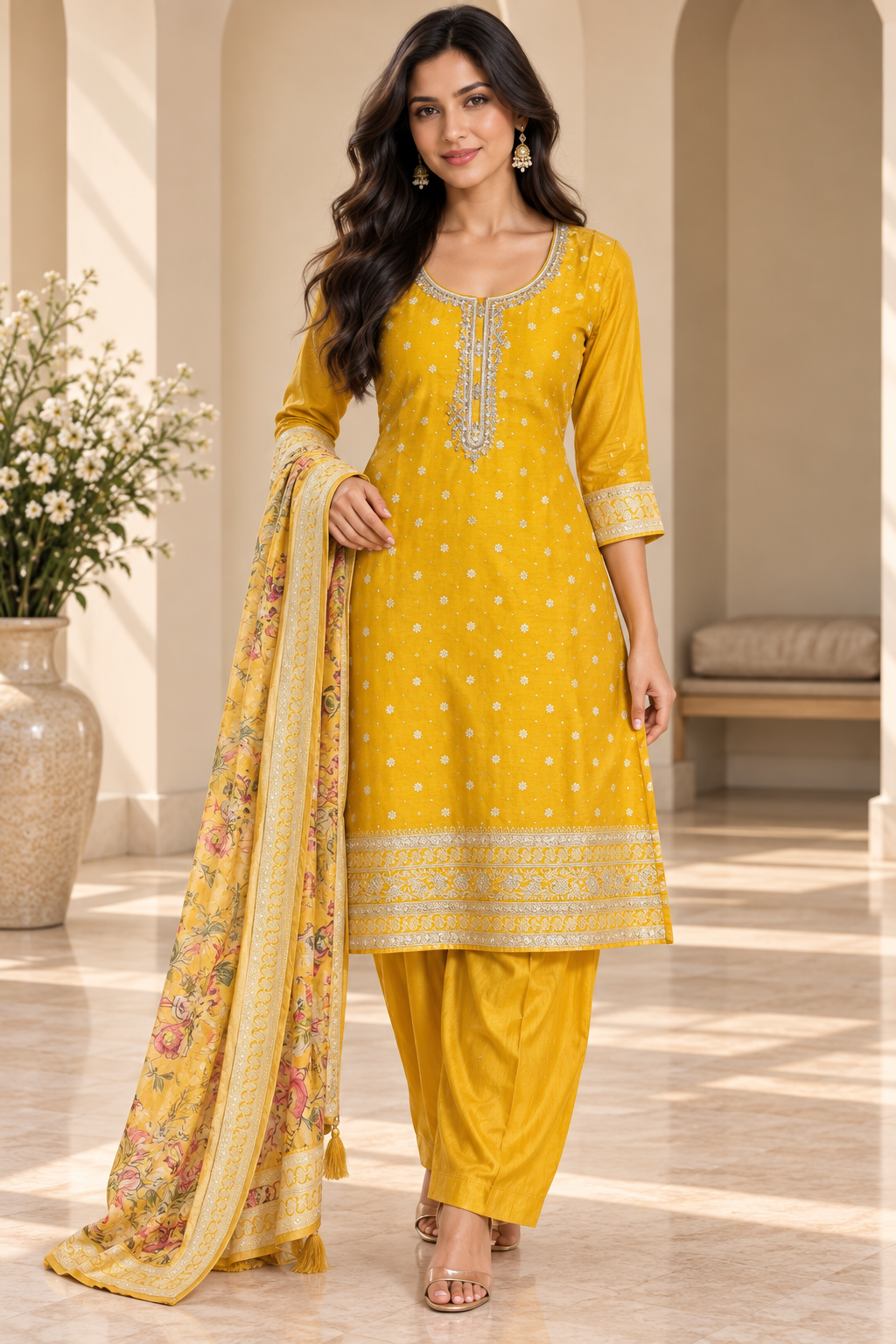 Mustard Yellow Embroidered Kurta Pant Set with Floral Dupatta