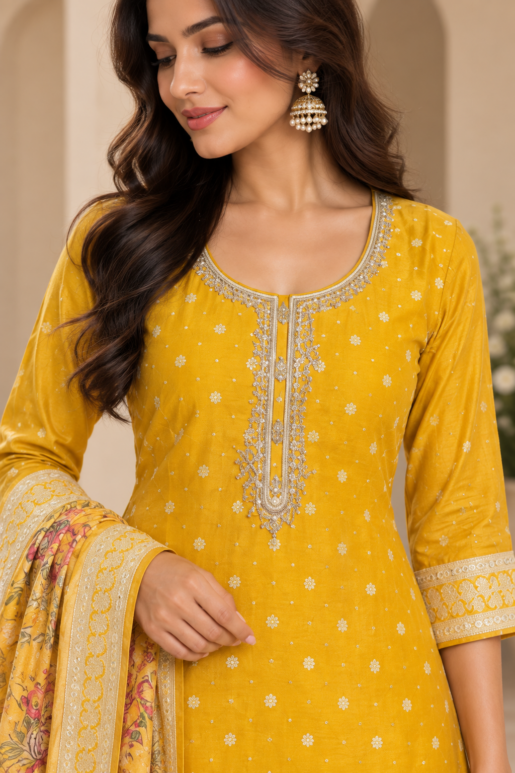 Mustard Yellow Embroidered Kurta Pant Set with Floral Dupatta