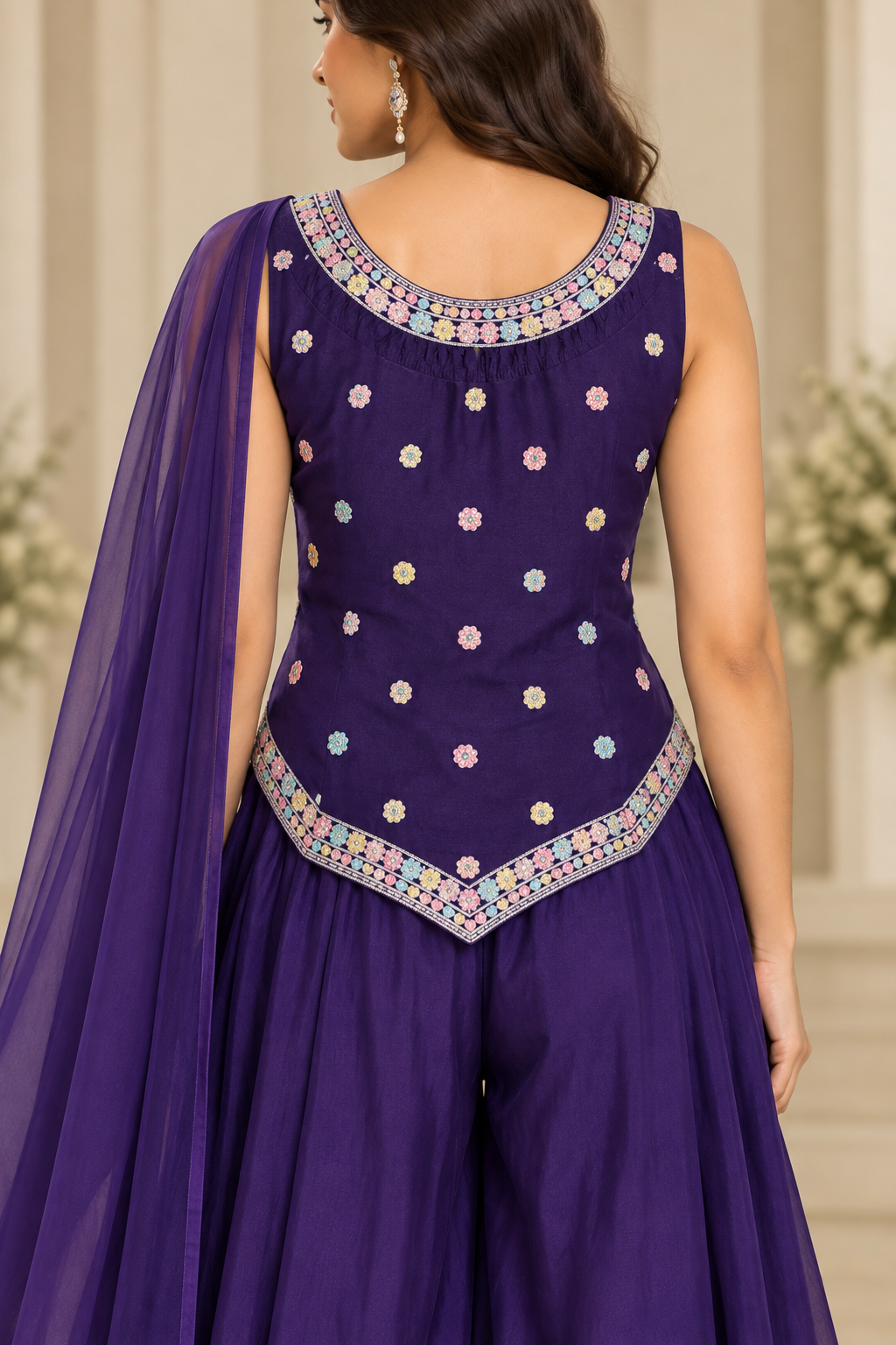 Royal Purple Embroidered Palazzo Set with Sleeveless Jacket & Dupatta