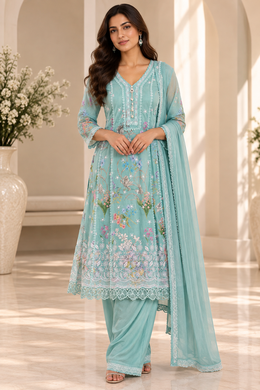 Pastel Aqua Cotton Embroidered Salwar Suit with Floral Details