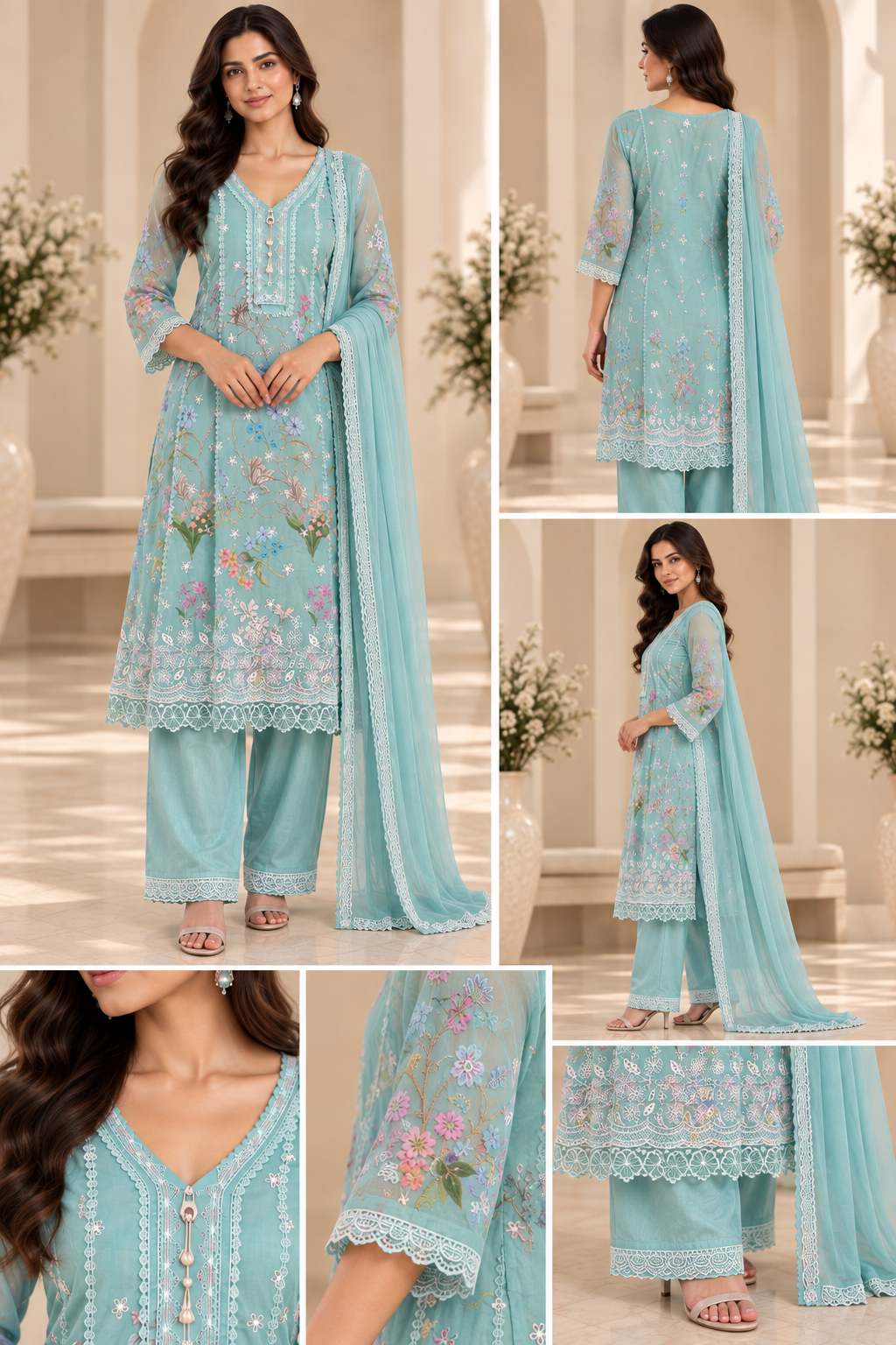 Pastel Aqua Cotton Embroidered Salwar Suit with Floral Details