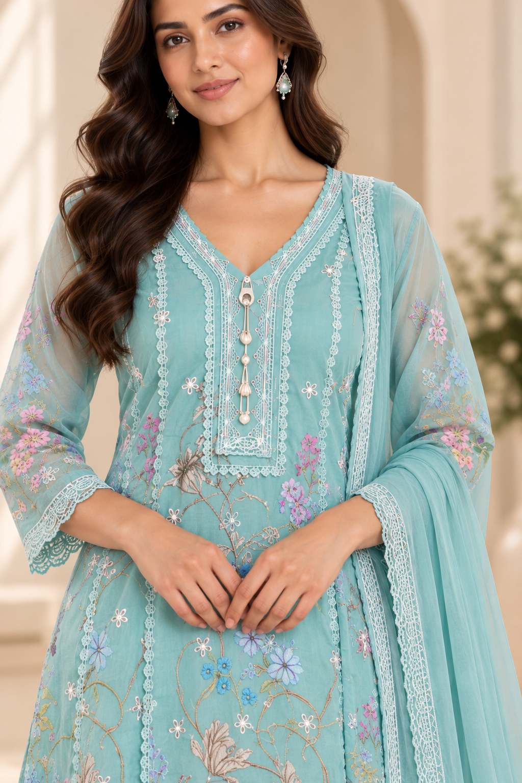 Pastel Aqua Cotton Embroidered Salwar Suit with Floral Details