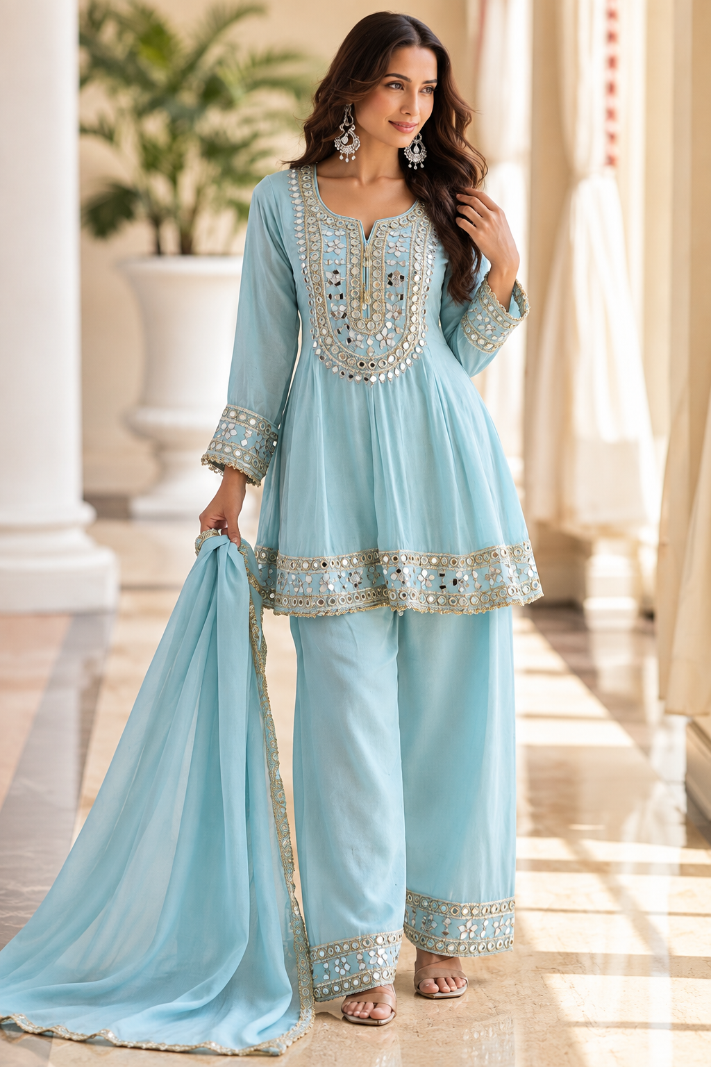 Aqua Blue Mirrorwork Embroidered Palazzo Suit with Dupatta