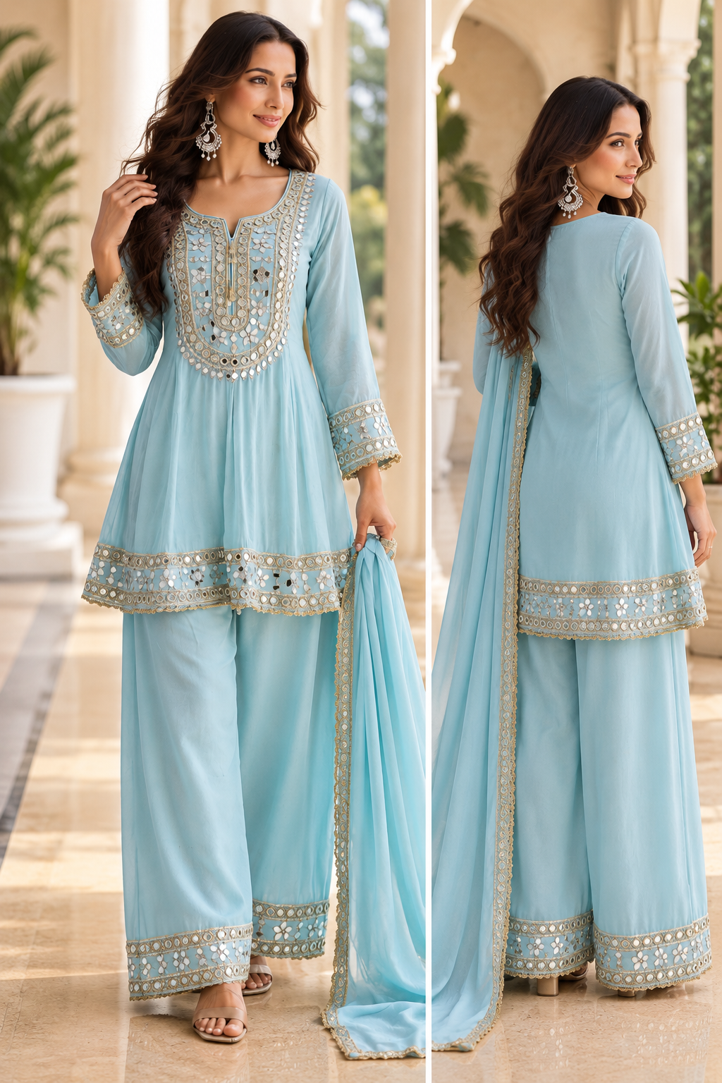 Aqua Blue Mirrorwork Embroidered Palazzo Suit with Dupatta