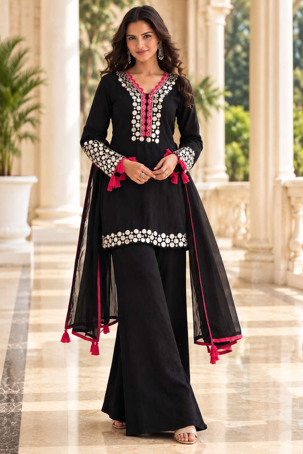 Black Mirrorwork Embroidered
Palazzo Suit with Dupatta