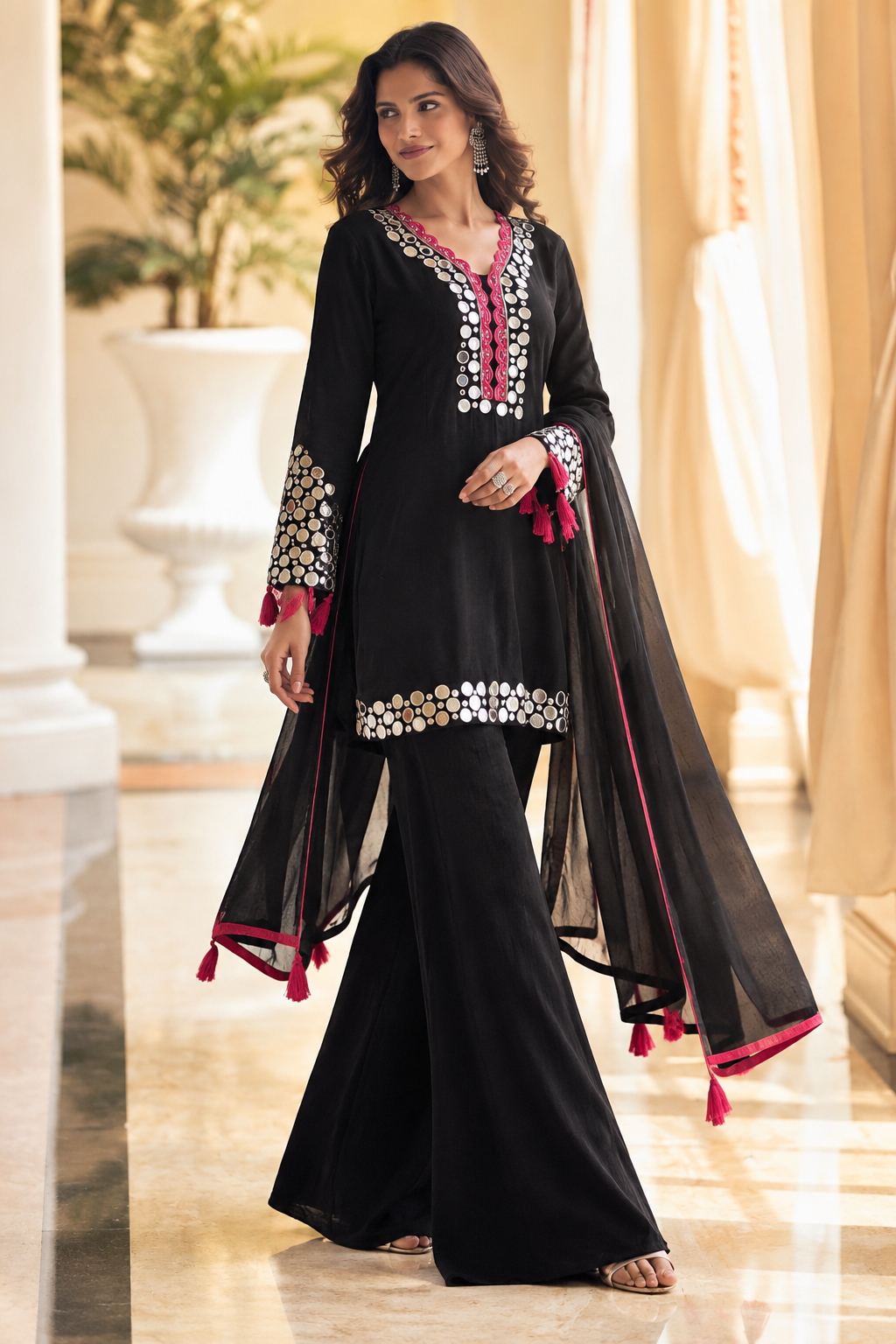 Black Mirrorwork Embroidered
Palazzo Suit with Dupatta