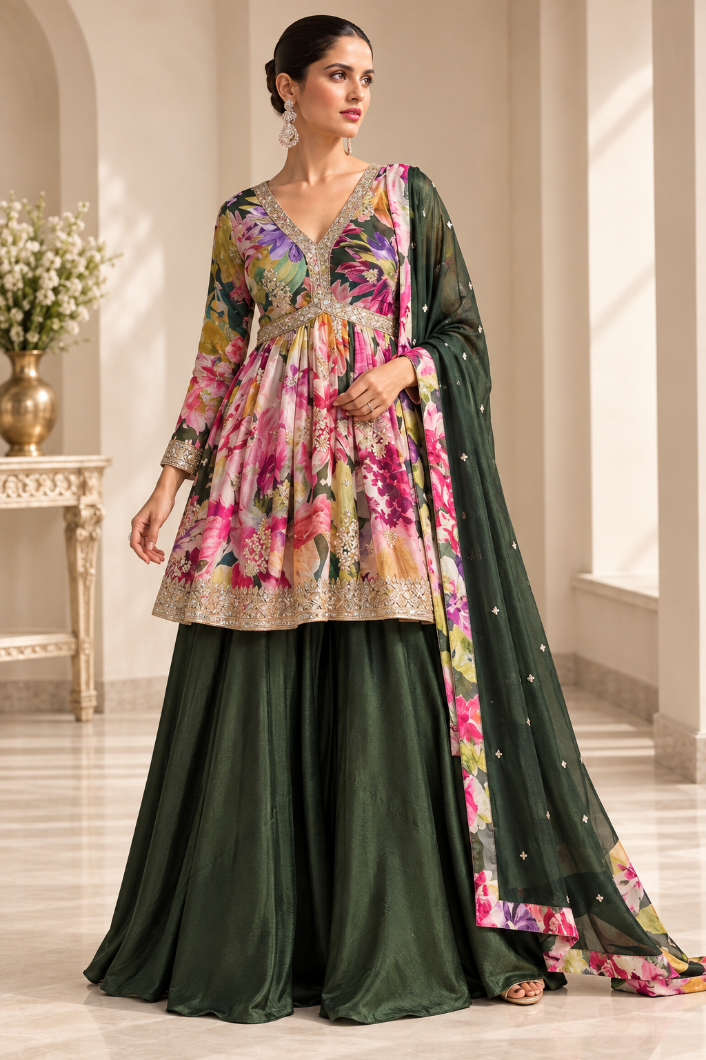 Green Floral Printed Anarkali Suit Set with Dupatta