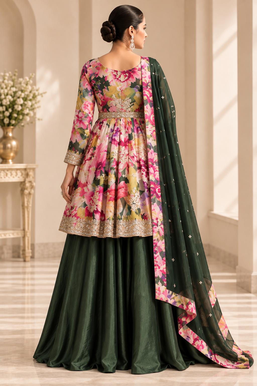 Green Floral Printed Anarkali Suit Set with Dupatta