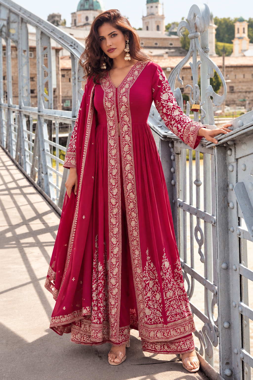 Meera Embroidered Anarkali Suit Set – Deep Maroon