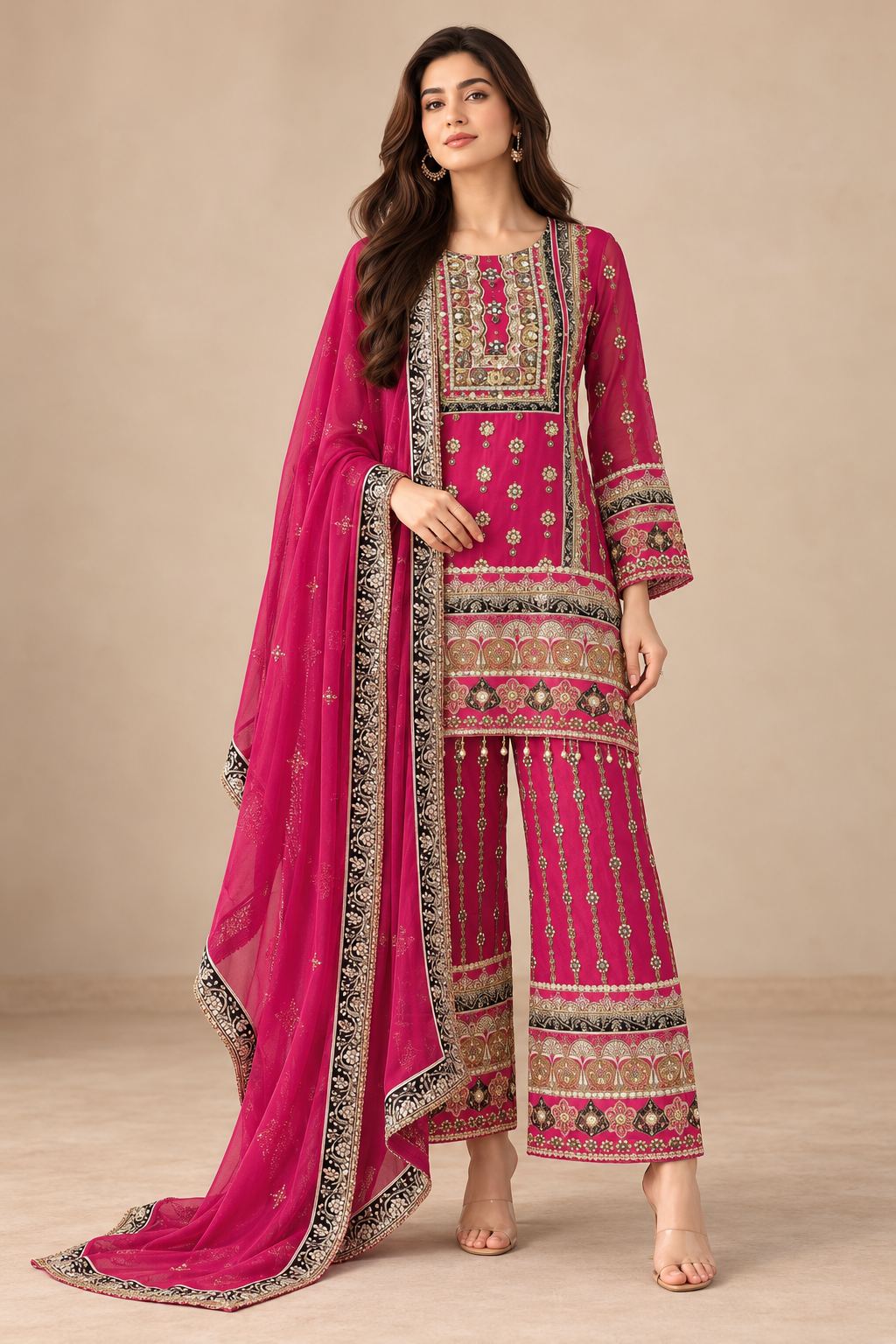Magenta Embroidered Sharara Set with Statement Borders