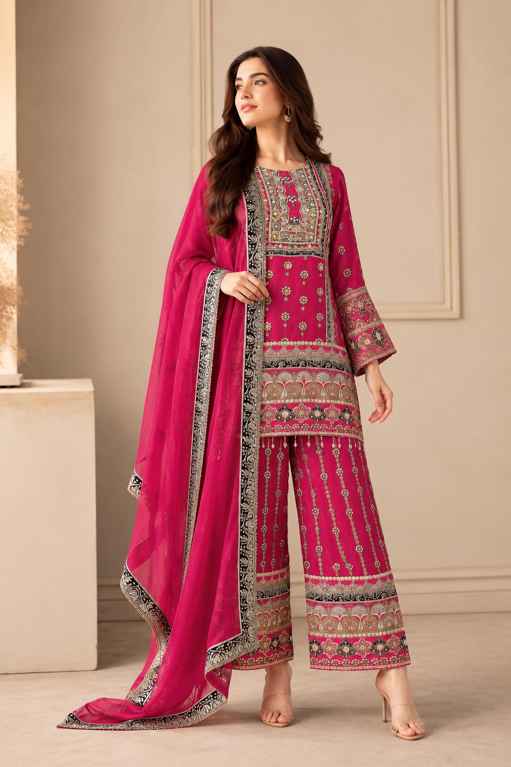 Magenta Embroidered Sharara Set with Statement Borders