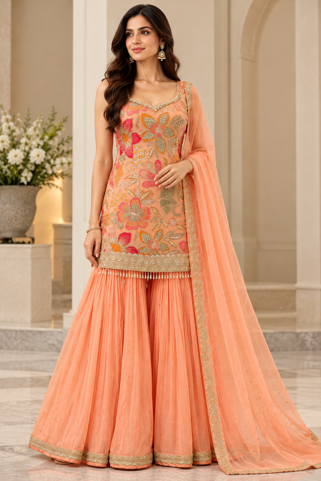 Peach Floral Embroidered Sharara Set with Gold Detailing & Dupatta